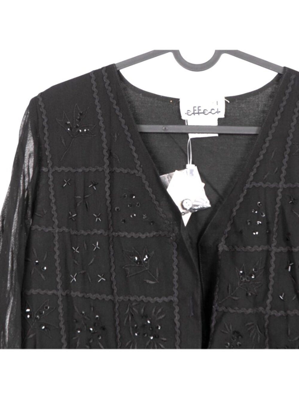 Beaded Button Up Blouse VTG Black Boho Hippie Fairy Whimsigoth Indie RicRac - Picture 2 of 9